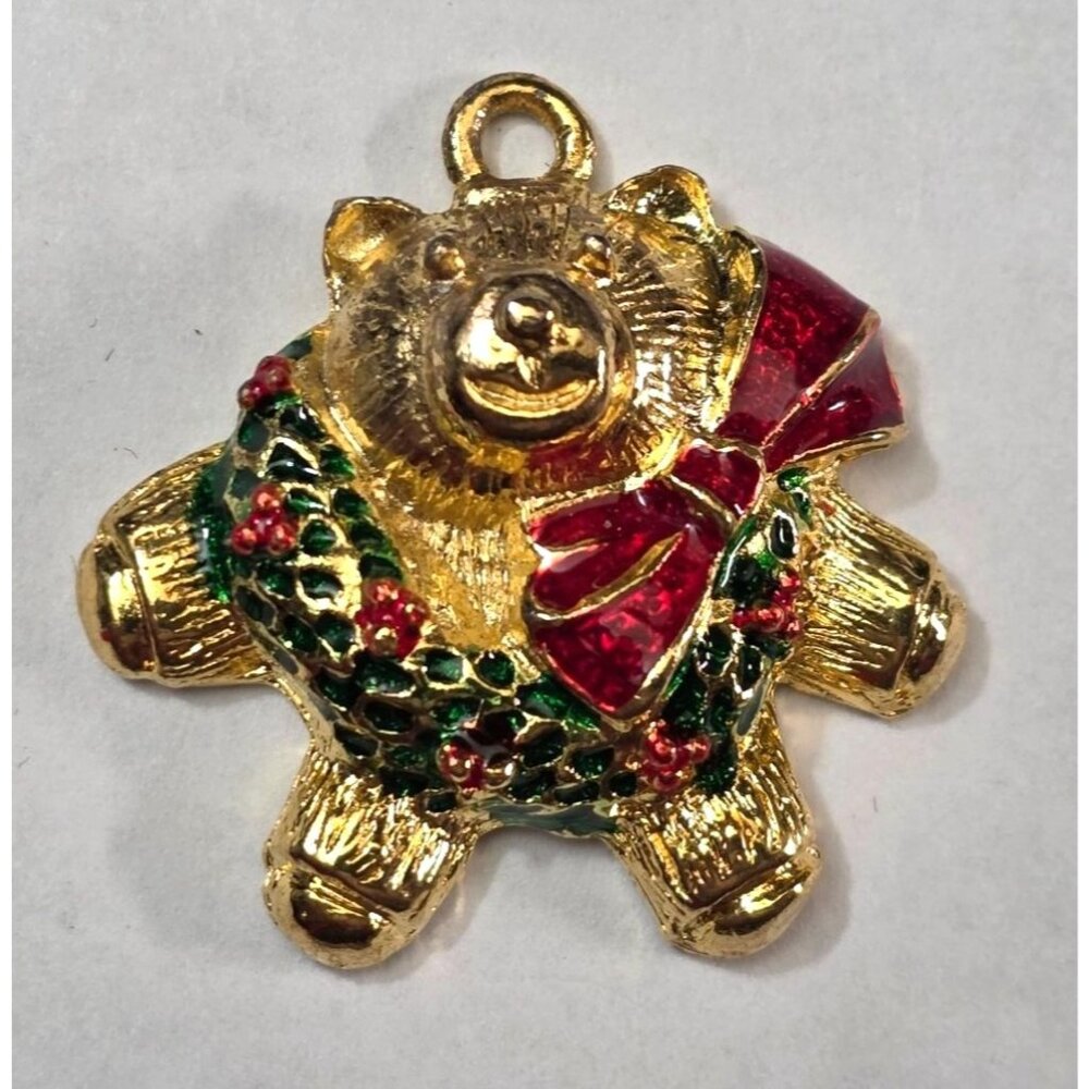Vintage Gold Tone Teddy Bear Charm Pendant Enamel Wreath Bow Christmas Holiday